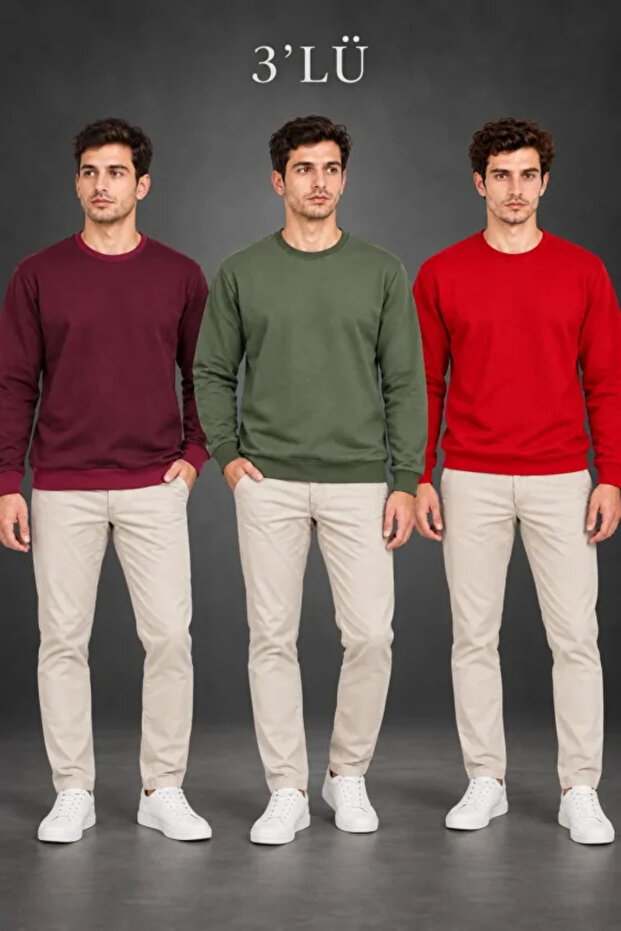 Men's 3-Piece Crew Neck Sweatshirt with Inner Ribbing, 2 Yarns, Plain Long Sleeves, Regular Fit - Burgundy - Gray - Red