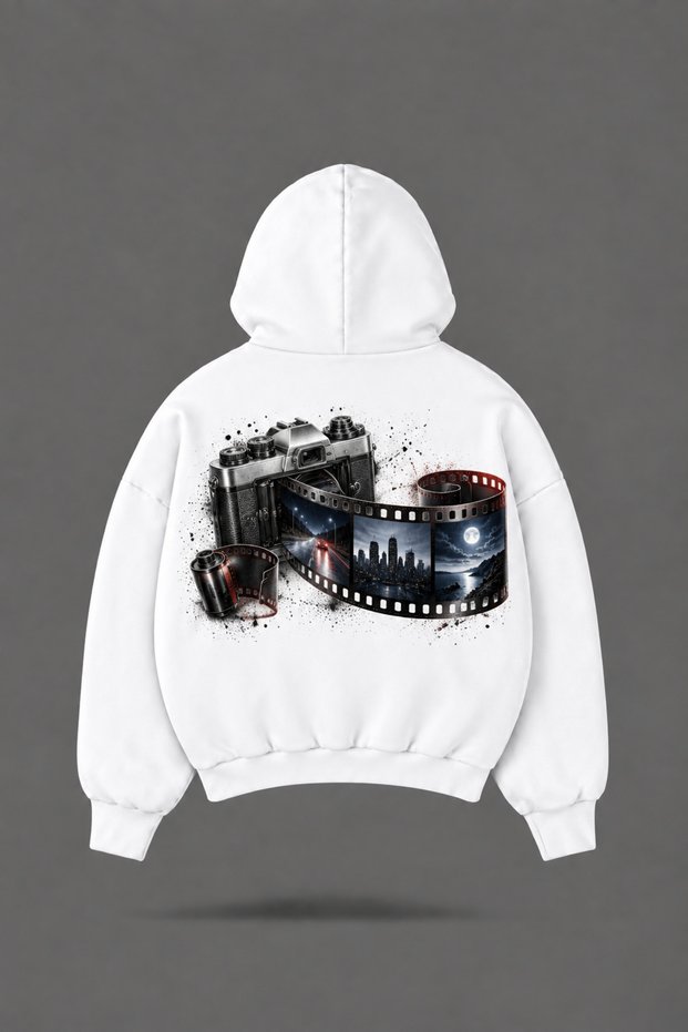 Oversize 35mm Cinema Front and Back Printed Hooded White Sweatshirt