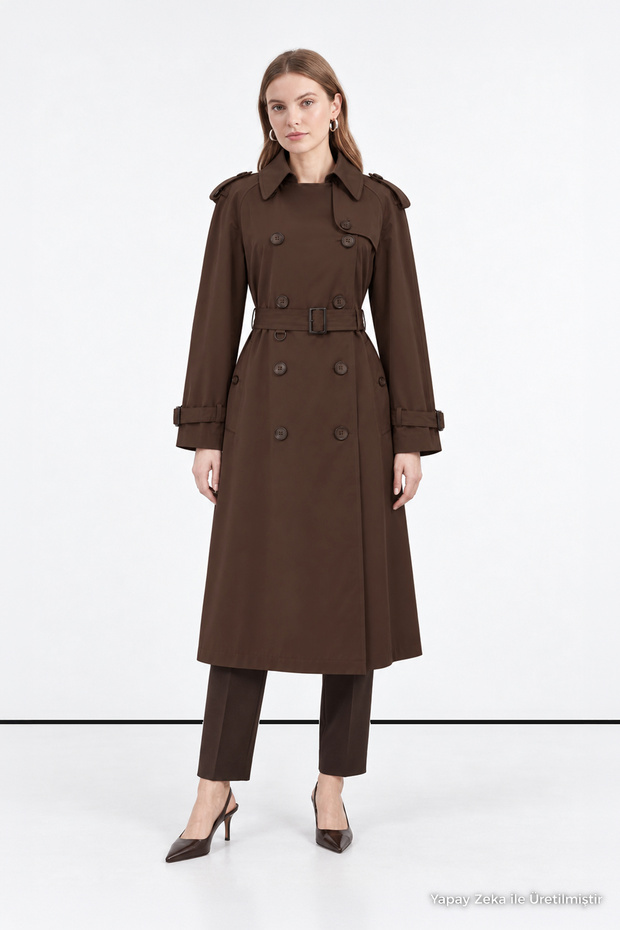 Double-Breasted Buckled Belted Brown Trench Coat 14135