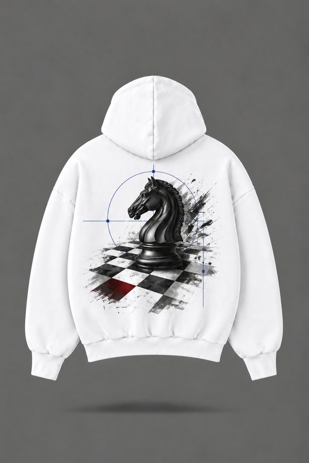 Oversize Chess Front and Back Printed Hooded White Sweatshirt