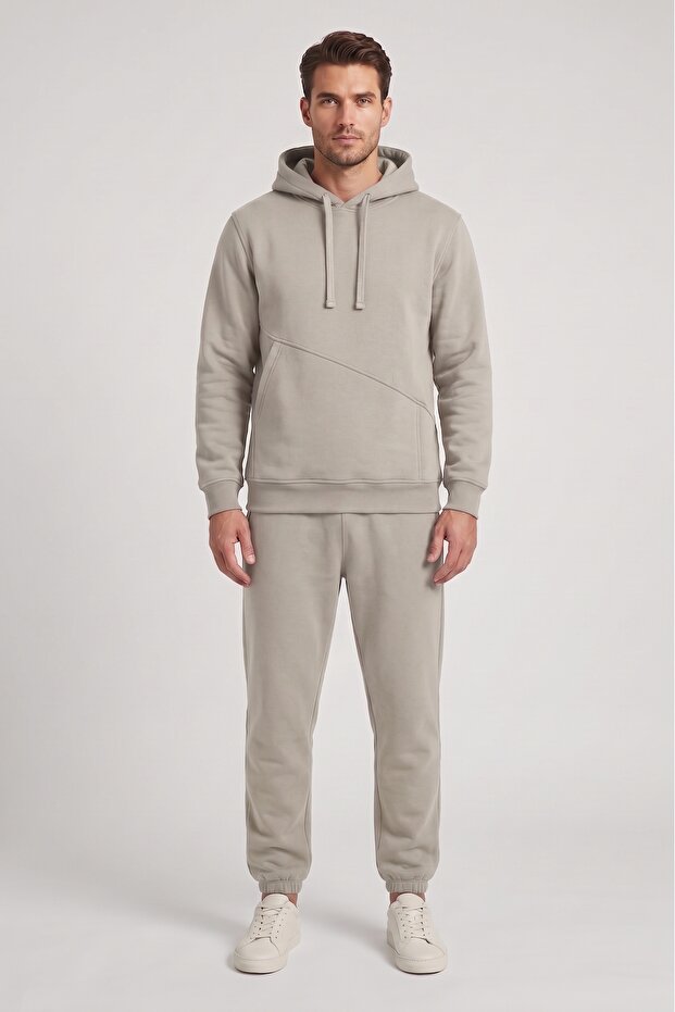 Makiteks Stone Color Men's 3 Threaded Asymmetrical Cut Pocket Hooded Elastic Cuffed Sweatpants Set - Sweatshirt and Sweatpants Two-Piece Set