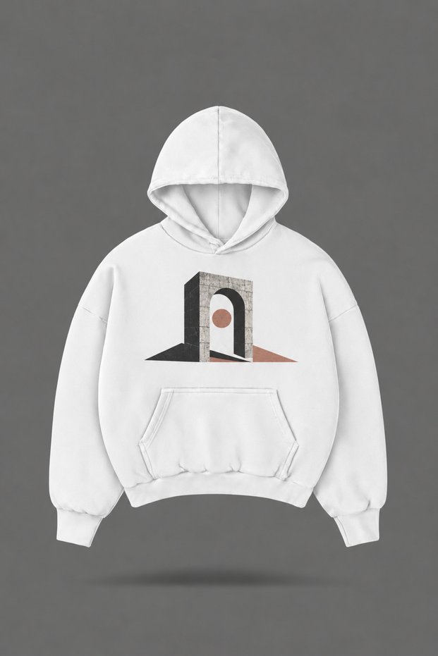 Oversize Brutalist Belt Front and Back Printed Hooded White Sweatshirt