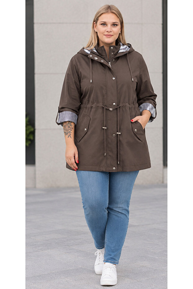 Plus Size Women's Hooded Trench Coat with Drawstring Waist Detail