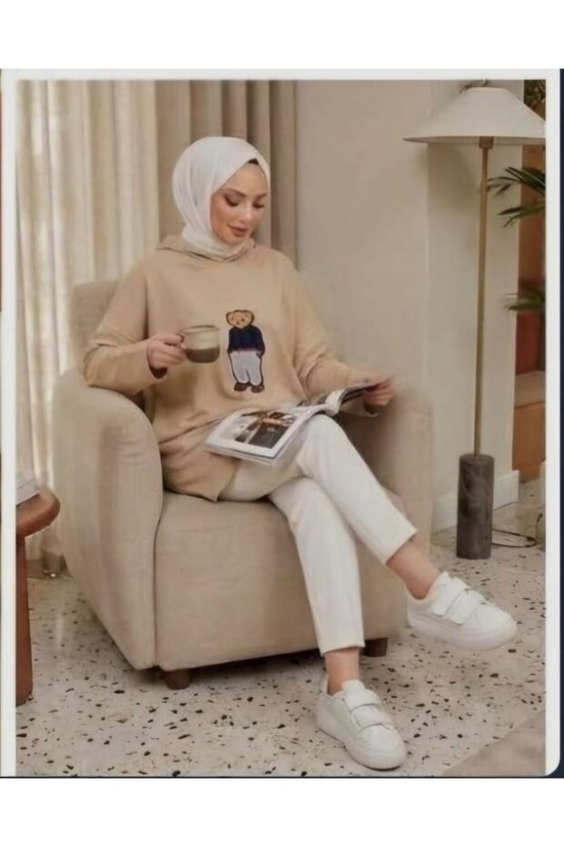 Teddy Bear Patterned Hooded Tunic