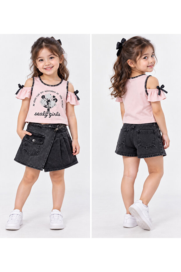 Girl's denim shorts and skirt set