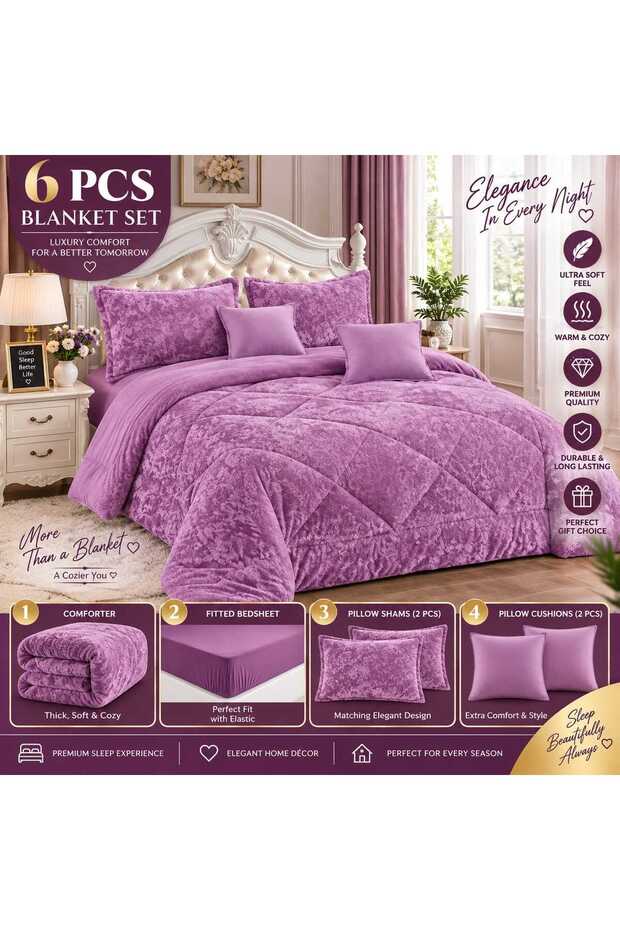 6-Piece Velvet Quilted Comforter Set – European Style Jacquard Bedspread with Bed Sheet & Pillowcases – Soft, Warm, Elegant Bedding Set – King Size