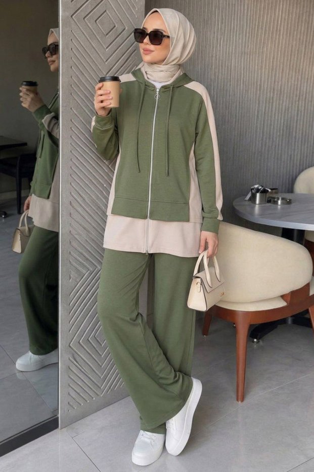 Hooded Zipper Detailed Oysho Green Hijab Pants Set 11431Cy