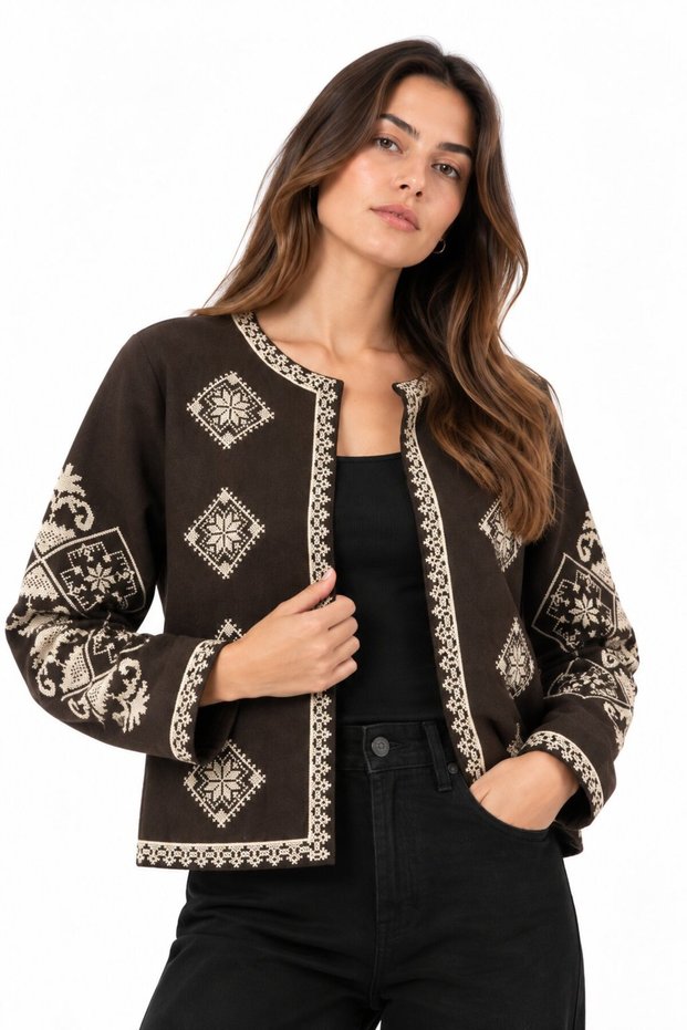 Bitter Brown Women's Embroidered Detailed Cashmere Fabric Jacket