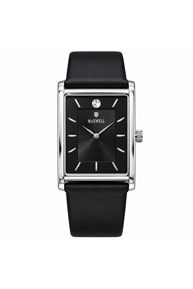ساعة يد رجالية مستطيلة فضية بمينا سوداء وسوار أسود Men's Rectangular Silver-Tone Watch with Black Dial and Black Strap