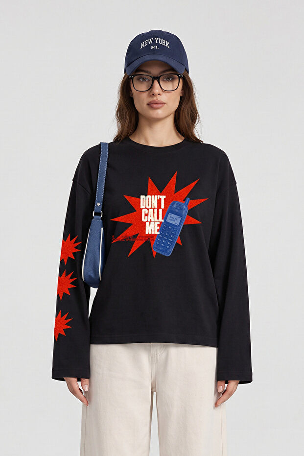 Eazy Unisex Oversize Long Sleeve T-Shirt 100% Cotton Black Dont Call Me Telephone Printed Boxy Fit T-Shirt