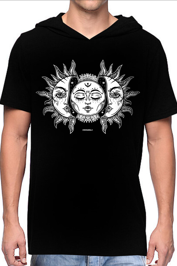 Moon Sun Black Hooded Men's T-Shirt