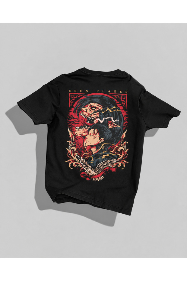 Attack on Titan Eren Yeager Printed Anime T-Shirt Unisex Oversize Black White