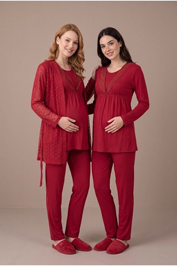 Women's Red Lace Maternity Pajama Set with Dressing Gown for Easy Breastfeeding