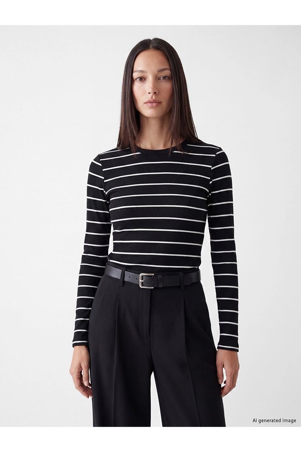 Lcw Everyday Black Crew Neck Striped Women's Bodysuit