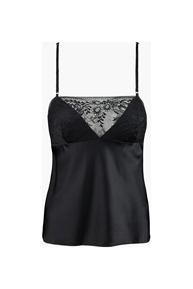 Midnight Whisper Thin Strap Top, Flowing Silk, Elegant Lace Detail