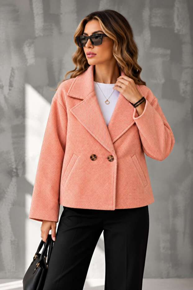 Double-breasted collar striped patterned unlined cashmere fabric short jacket / coat