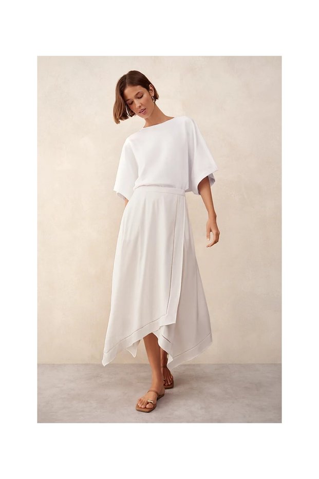 Linen Blend Asymmetrical Cut Midi Skirt