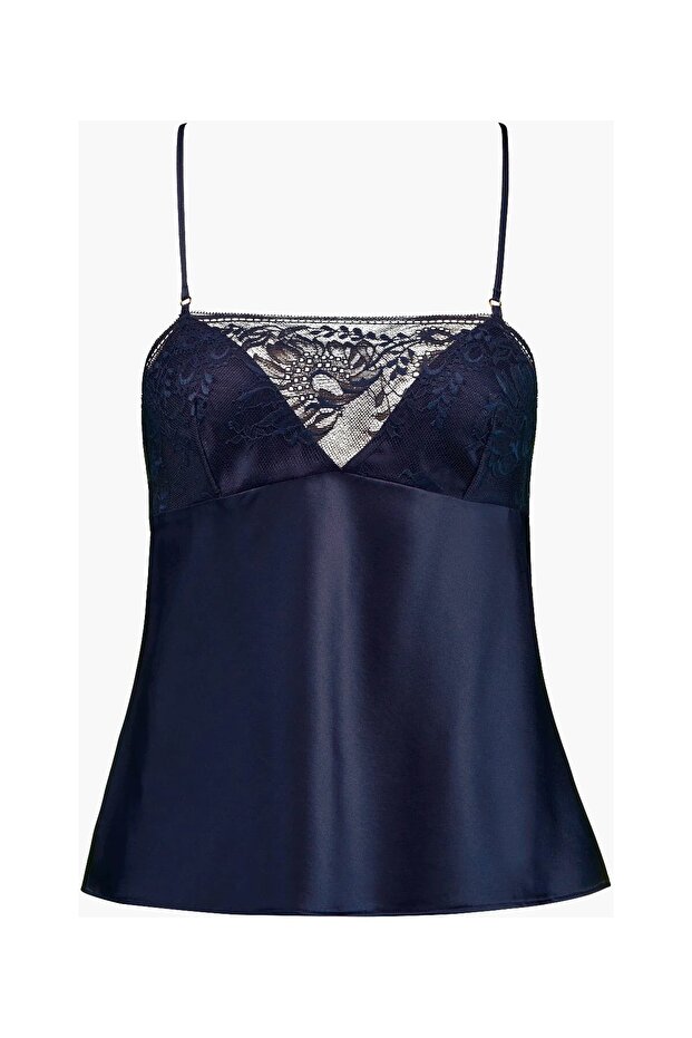 Midnight Whisper Thin Strap Top, Flowing Silk, Elegant Lace Detail