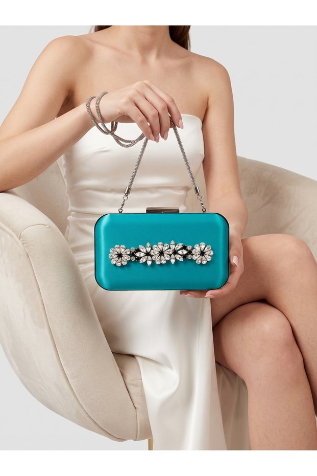 Green Satin Silver Metal Detailed Crystal Stone Embroidered Chain Strap Women's Evening Dress Bag Wedding Engagement Graduation