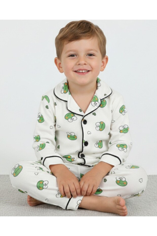 Baby Boy Frog Printed 2-3-4-5-6 Years Old Double Breasted Collar 100% Cotton Nightgown Pajama Set