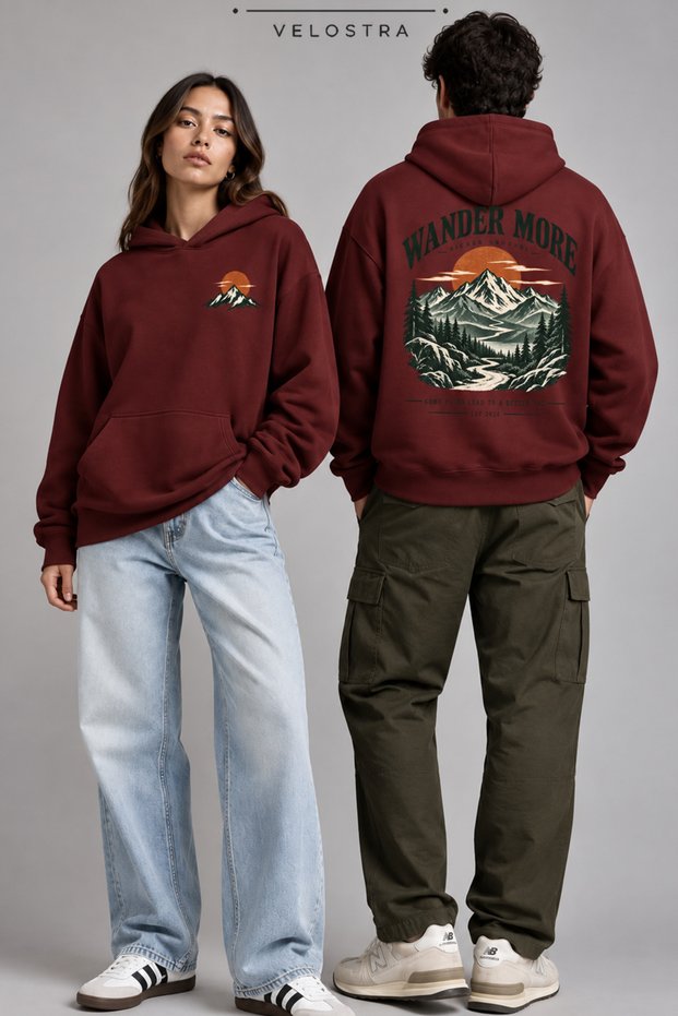 Unisex Wander More Mountain Printed Front and Back Design Oversize 3 Thread Ribbed Hooded Sweatshirt