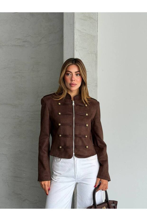Women's Special Model Scuba Suede Fabric Zippered Jacket with Apollet Detail