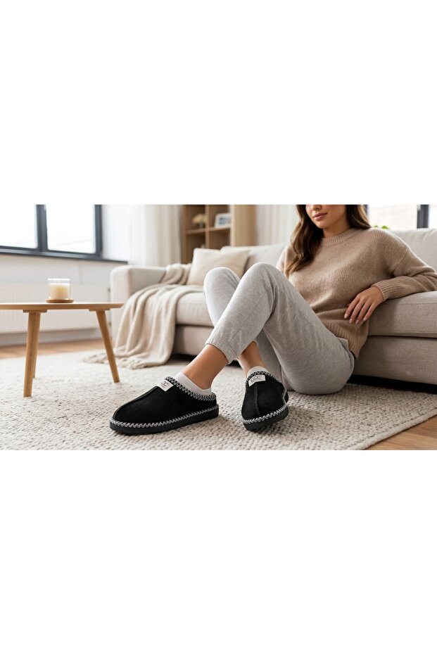 Women'S, Suede Textured, Fur Lined, Embroidery Detailed, Warm, Soft Sole House Slippers