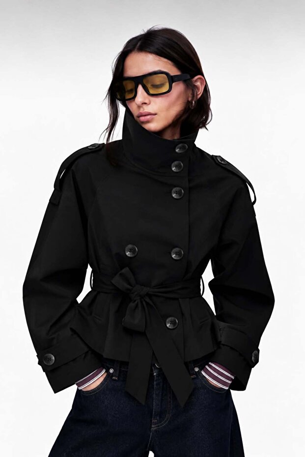 Model: Stand-Up Collar, Back Windbreaker Detail, Lined Women's Trench Coat Jacket Trench Coat