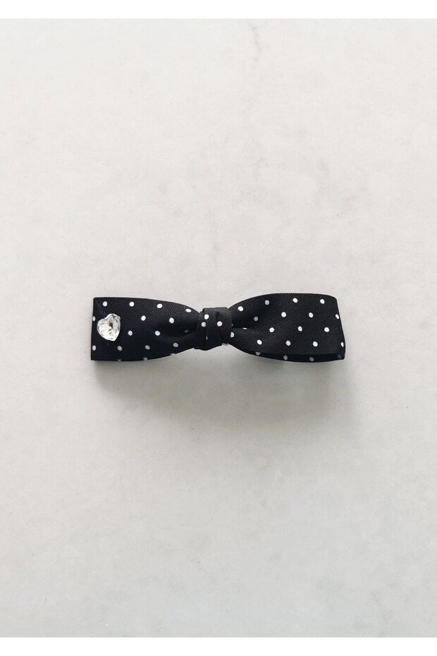 Black and White Polka Dot Heart Stone Detailed Bowknot Hair Clip 10.5X2.5 cm