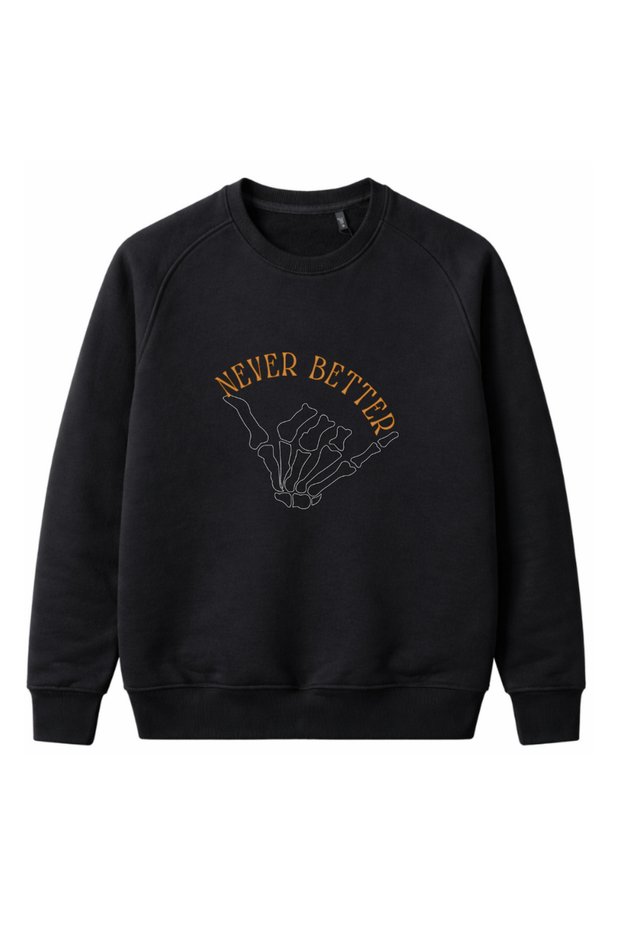 Embroidered Black Plain Sweatshirt Crew Neck Unisex Ribbed Sleeves and Hem Casual Sweatshirt