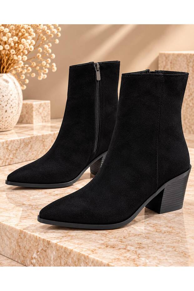 Women's Black Suede Pointed Toe Ankle Heeled Boots