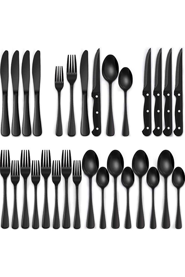 24-Piece Black Stainless Steel Cutlery Set With Steak Knives, Flatware Set For 4, Mirror Finish Tableware