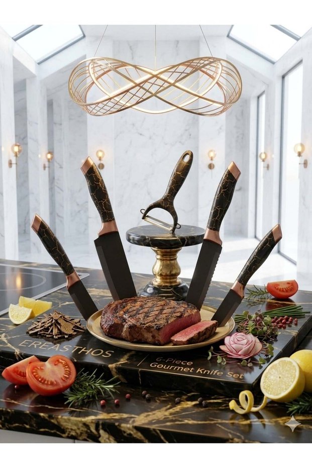6-Piece Luxury Non-Stick Kitchen Knife Set – Stainless Steel Chef, Bread & Slicer Knives with Peeler, Black & Copper-Toned