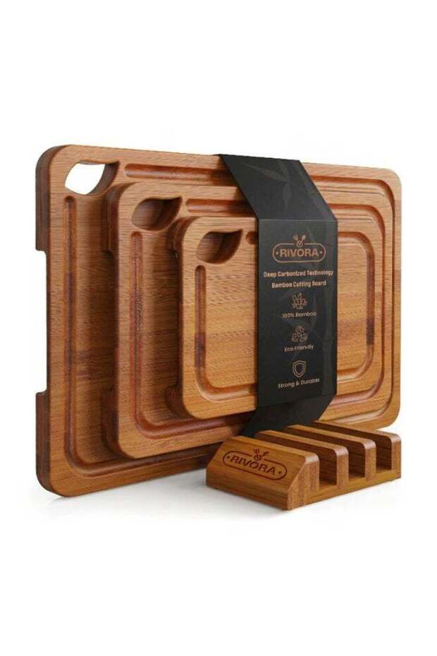 Deep Carbonized Bamboo Wooden Cutting Board Set with Storage Stand – Reversible Chopping & Charcuterie Boards, Built-in Juice Groove, Easy-Grip Handles, Knife-Friendly & Durable