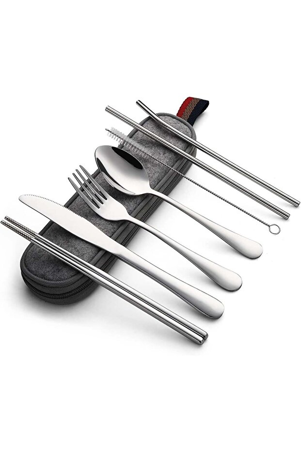 8 PCS Reusable Stainless Steel Travel Cutlery Set, Portable Camping Picnic Utensils with Storage Pouch