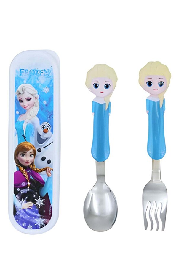 Kids Spoon and Fork Travel Cutlery Set Utensils Metal with 3D Cartoon Character (ELSA)