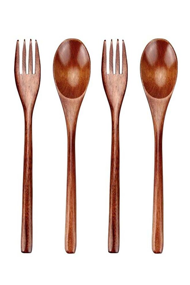 4PCS Natural Wooden Spoon Fork Cutlery Set Kitchen Tableware