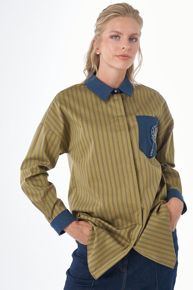 Cotton Tunic with Embroidery Detail Khaki