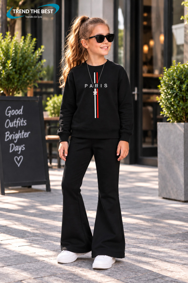 Winter, Spring, and Autumn Girls' Black Spanish Flared Bottoms and Black Sweat Top