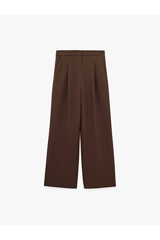 High Waist Regular Fit Wide Leg Fabric Trousers with Pockets