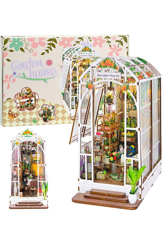 3D Wooden Book Nook Kit,Miniature Garden Dollhouse with LED Light,DIY Bookshelf Decor Puzzle