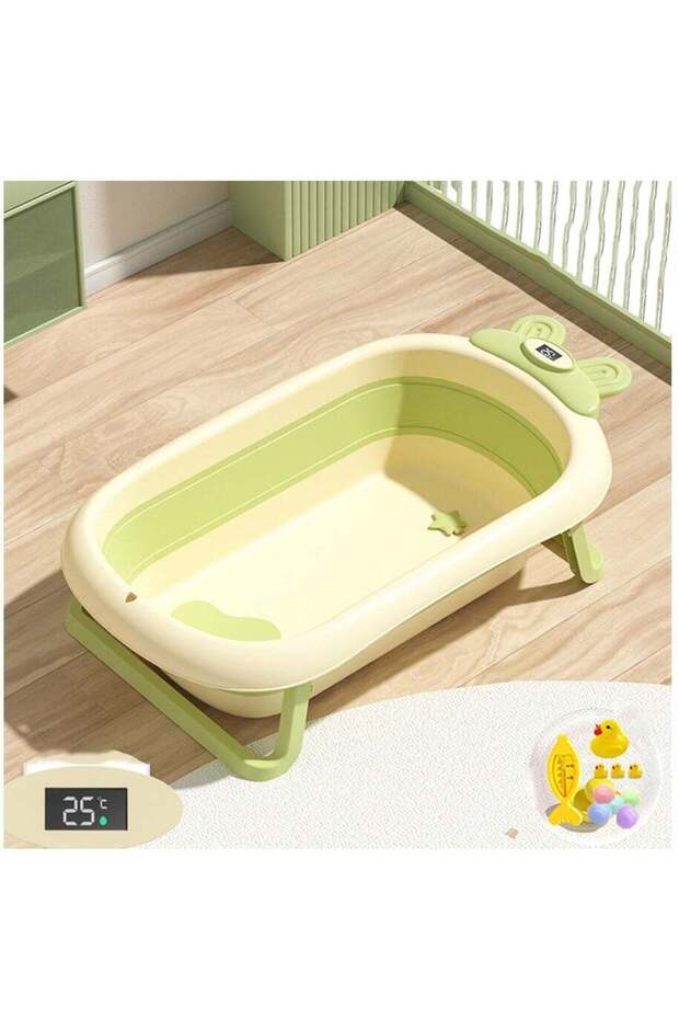 Folding Baby Bathtub with Thermometer and Adjustable Bath Pillow,Collapsible Portable Shower Basin for Newborns,Green