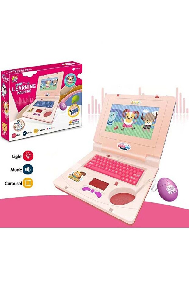 Children's Educational Simulation Computer Toy with Music and Lights,Early Learning Machine with Mini Mouse and DIY Stickers,Pink