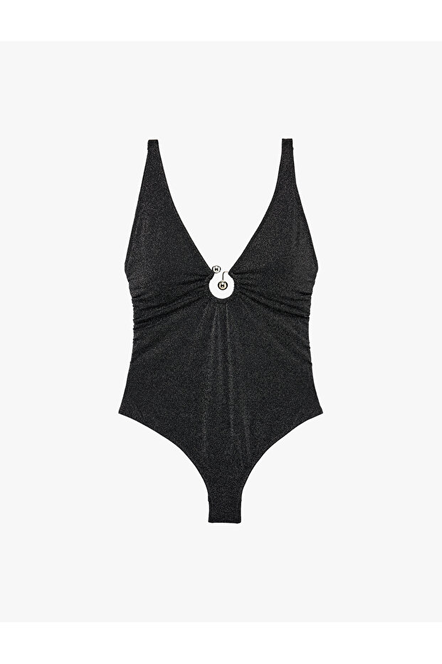 Deep V-Neck Glittered Swimsuit with Metal Accessories