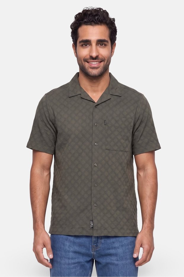 Men Regular Fit Textured Short Sleeve Casual Shirt, Dark Olive