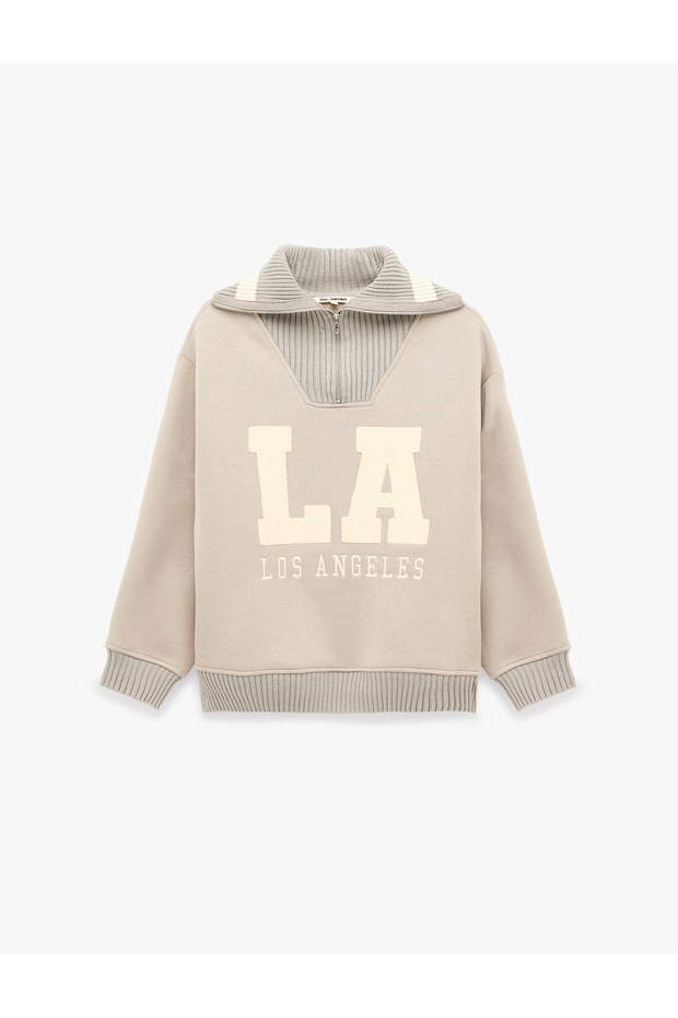 Three Threaded Threaded Embroidered Long Sleeve Half Zipper Stand Collar Sweatshirt