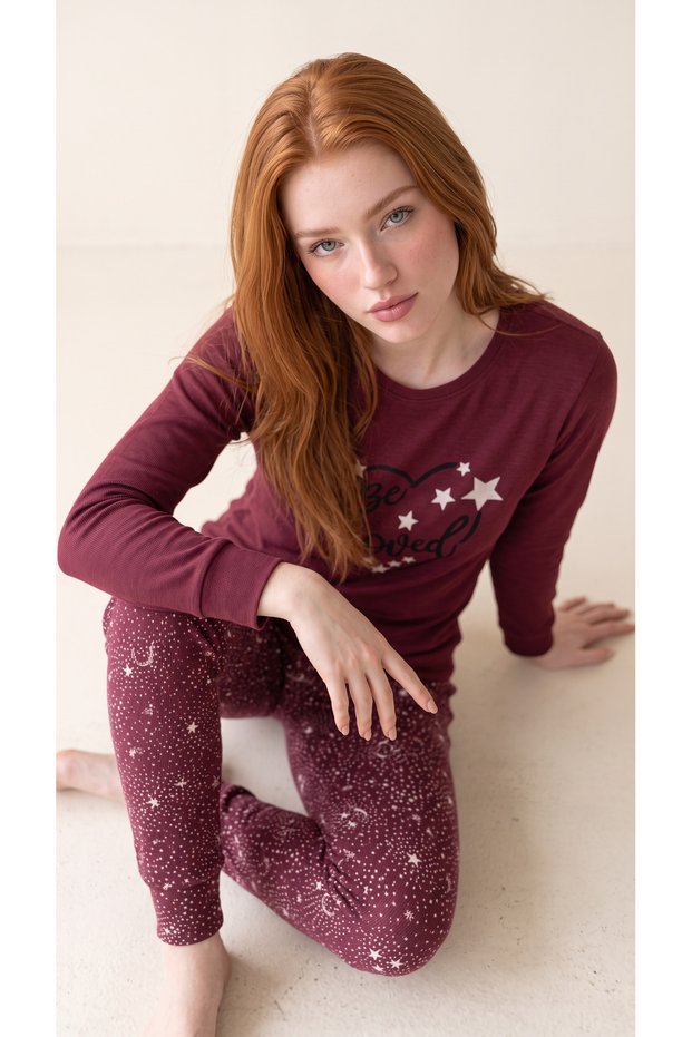 Burgundy Crew Neck Thermal Women's Long Sleeve Pajama Set
