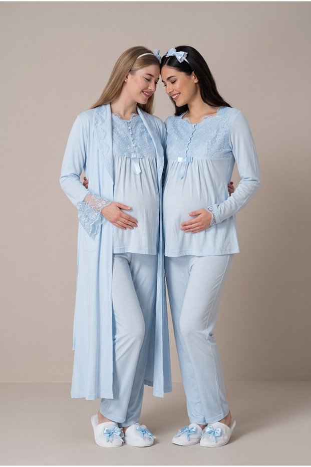 Women's Blue Lace Long Sleeve Maternity Pajama Set with Nursing Detail and Dressing Gown