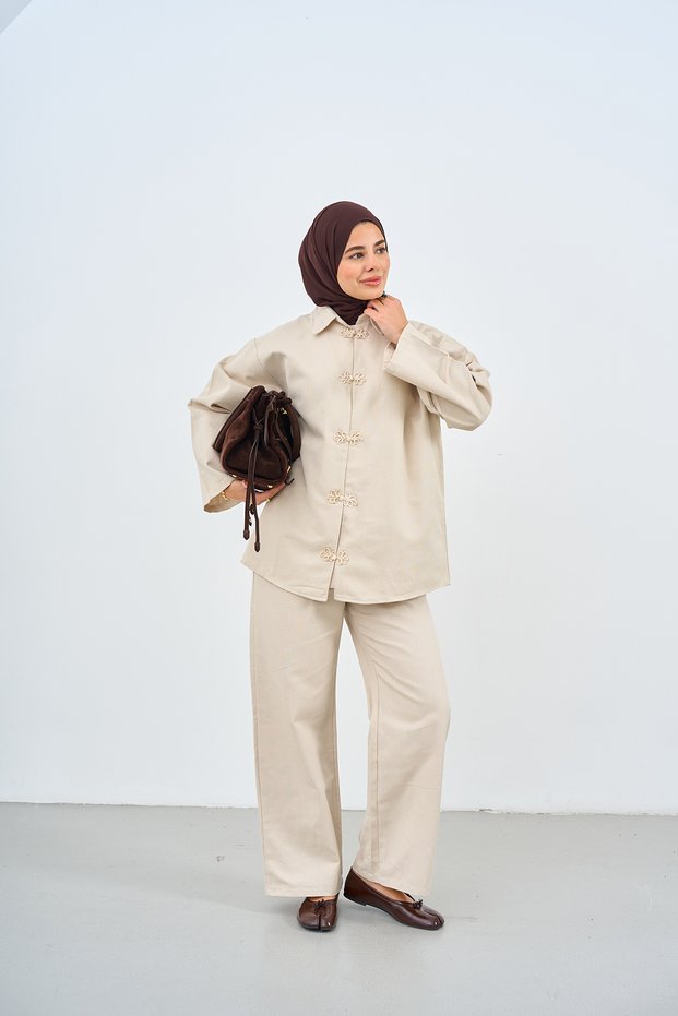 Women's Lace Button Detailed Shirt Collar Suit Cream
