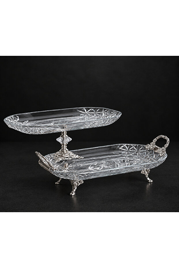 2-Piece Crystal Silver Metal Legged Rectangular Cake Presentation Stand Cookie Holder